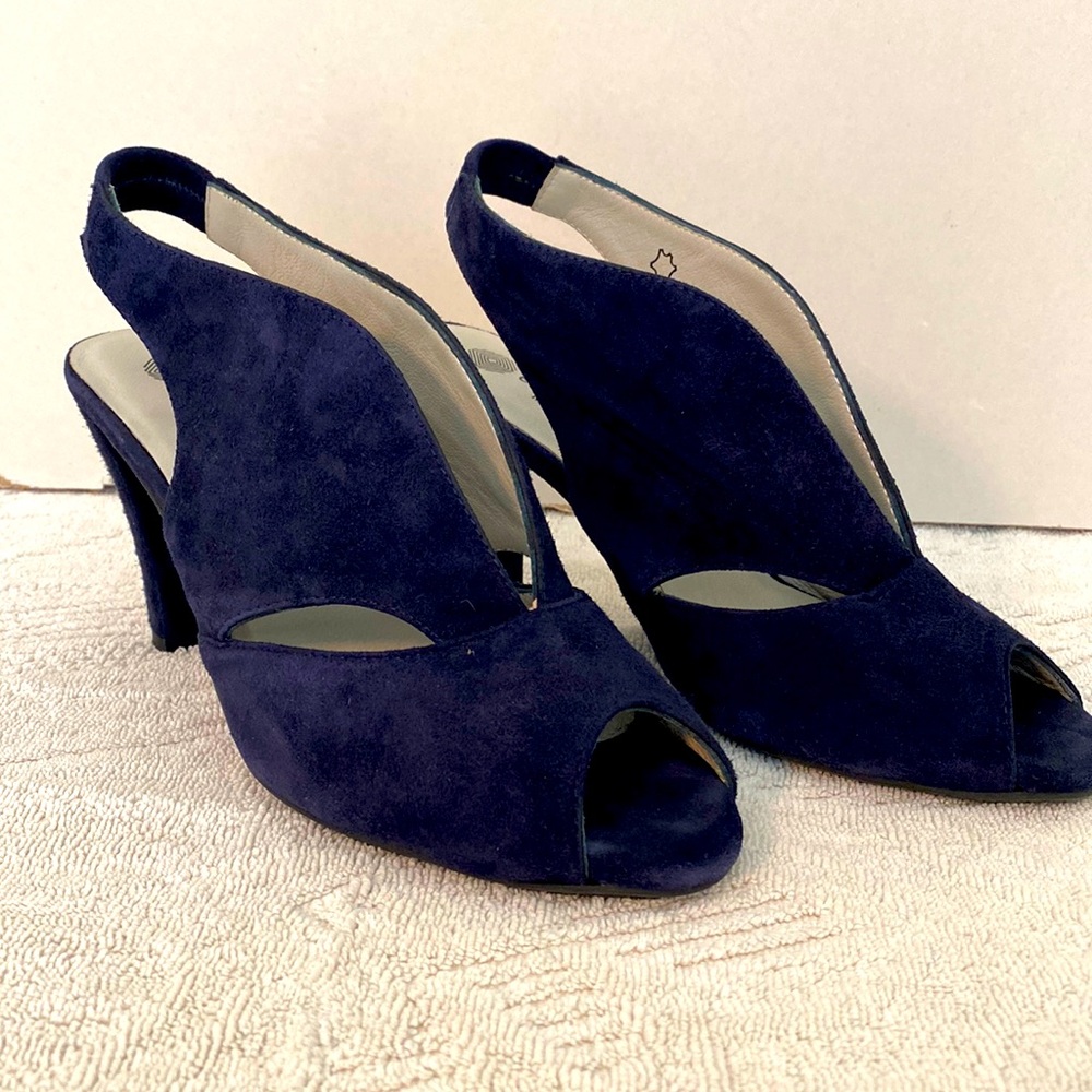 Blue suede heeled slip on